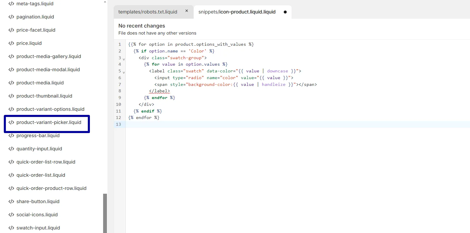 The next step is to select “product-variant-picker.liquid.”